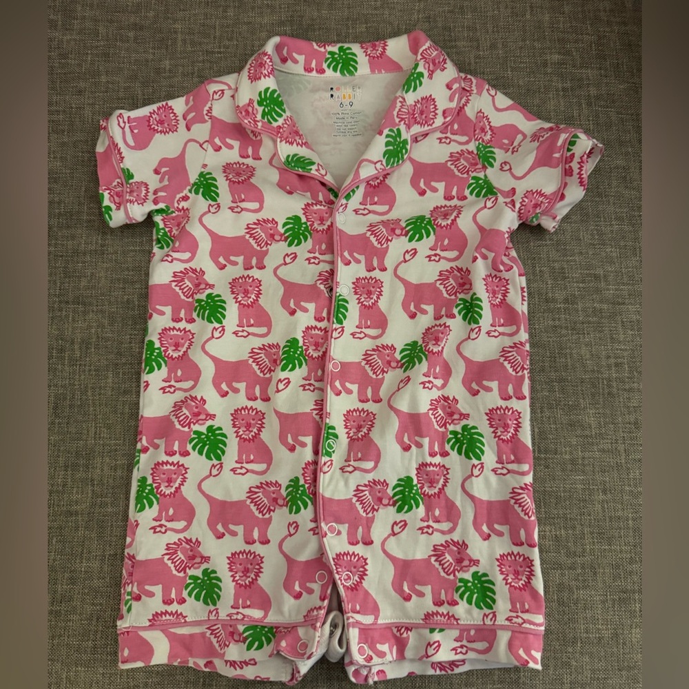 Roller Rabbit Pink and Green Lion Print Short Sleeve Romper Pajamas